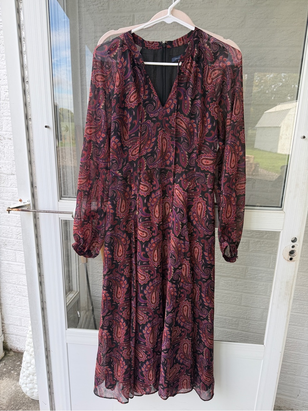 Tommy Hilfiger Burgundy and Black Paisley Long Sleeve Midi Dress